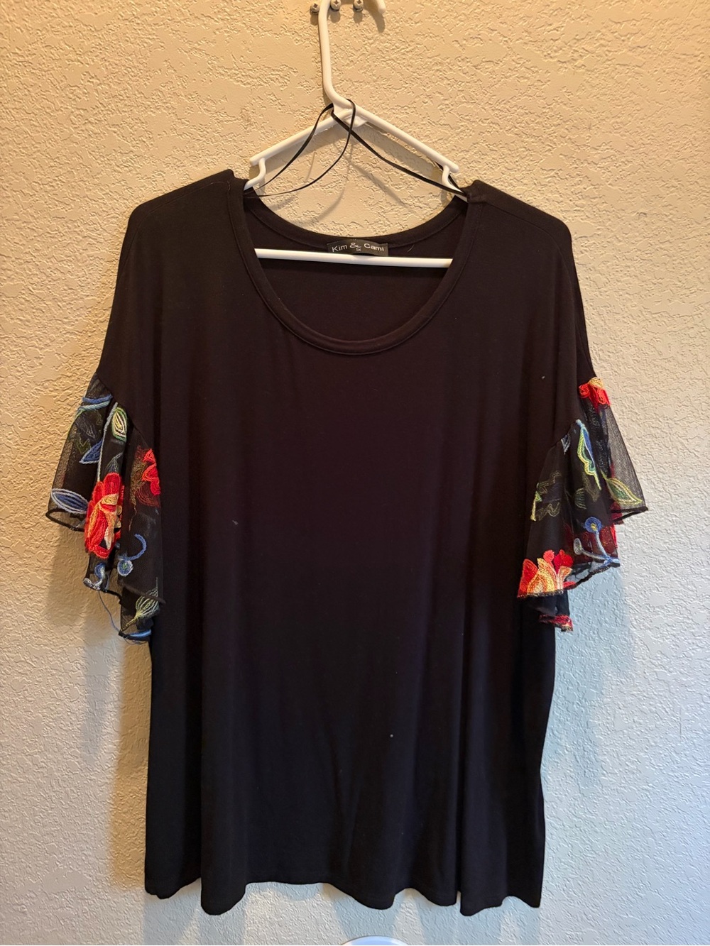 Kim & Cami Black Top with Embroidered Flutter Sleeves